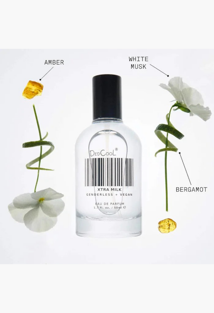 GLAM MODA DedCool Xtra Milk Eau de Parfum bottle surrounded by bergamot and floral elements on a white background.