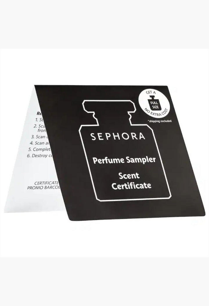 GLAM MODA perfume sampler scent certificate for redeeming a full-size fragrance at Sephora.