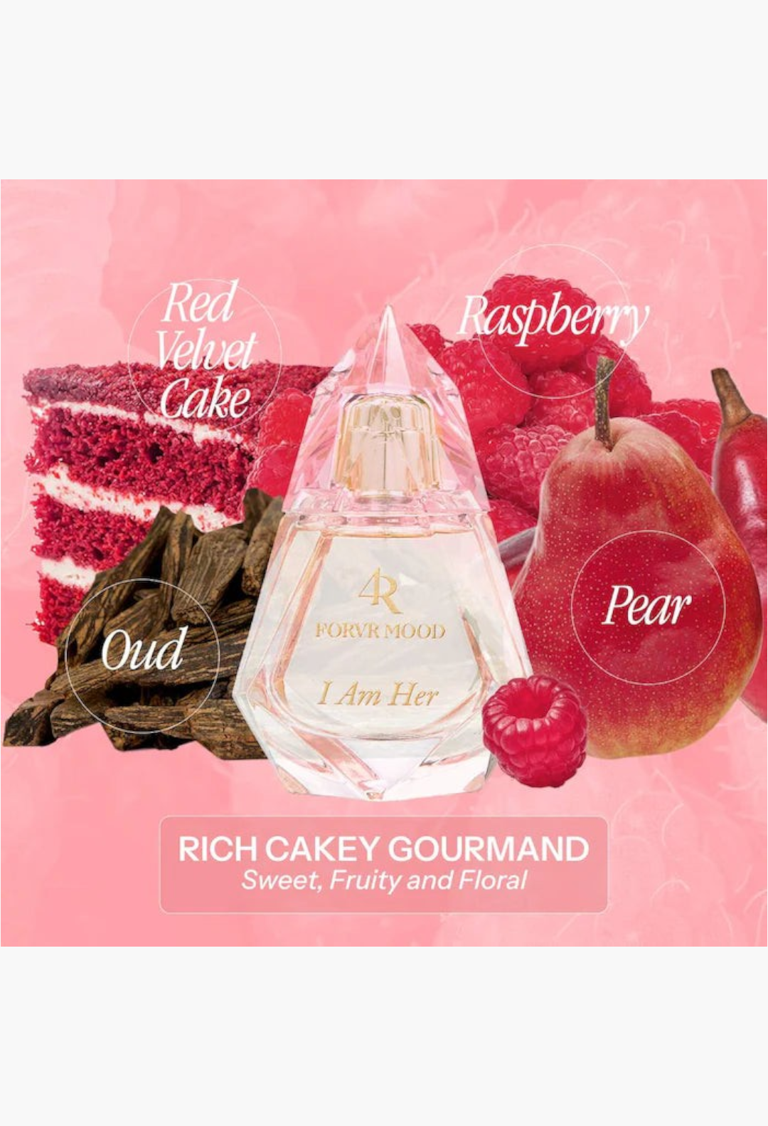GLAM MODA perfume sampler set featuring FORVR Mood I Am Her fragrance with notes of red velvet cake, raspberry, and pear.