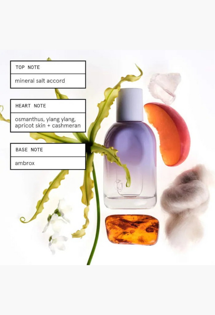 GLAM MODA perfume bottle surrounded by artistic botanical elements and fragrance notes like mineral salt and apricot.