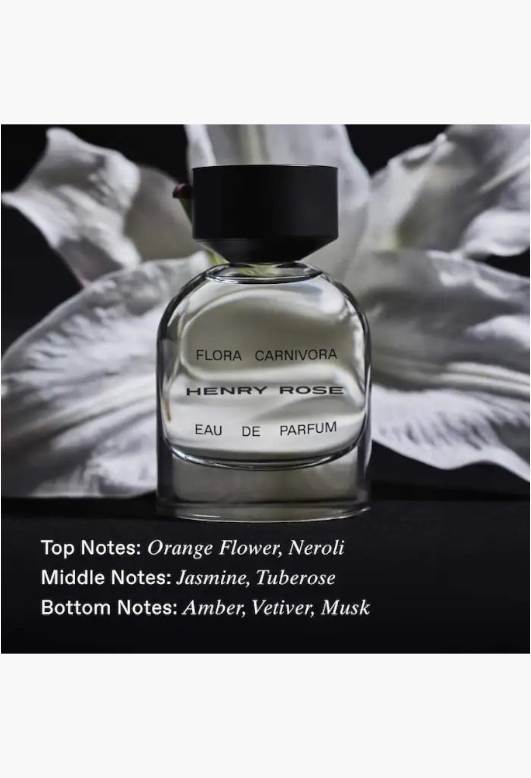 GLAM MODA Henry Rose Flora Carnivora eau de parfum glass bottle with a black cap against a plain background