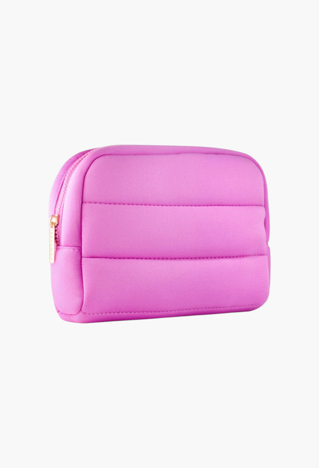 GLAM MODA pink quilted neoprene cosmetic pouch with a gold zipper closure for travel and beauty storage
