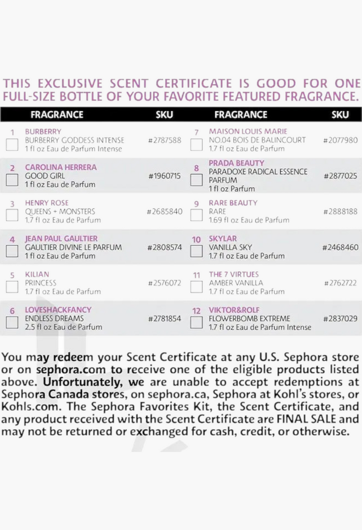 GLAM MODA perfume sampler set scent certificate listing 12 luxury fragrance options for full-size redemption.