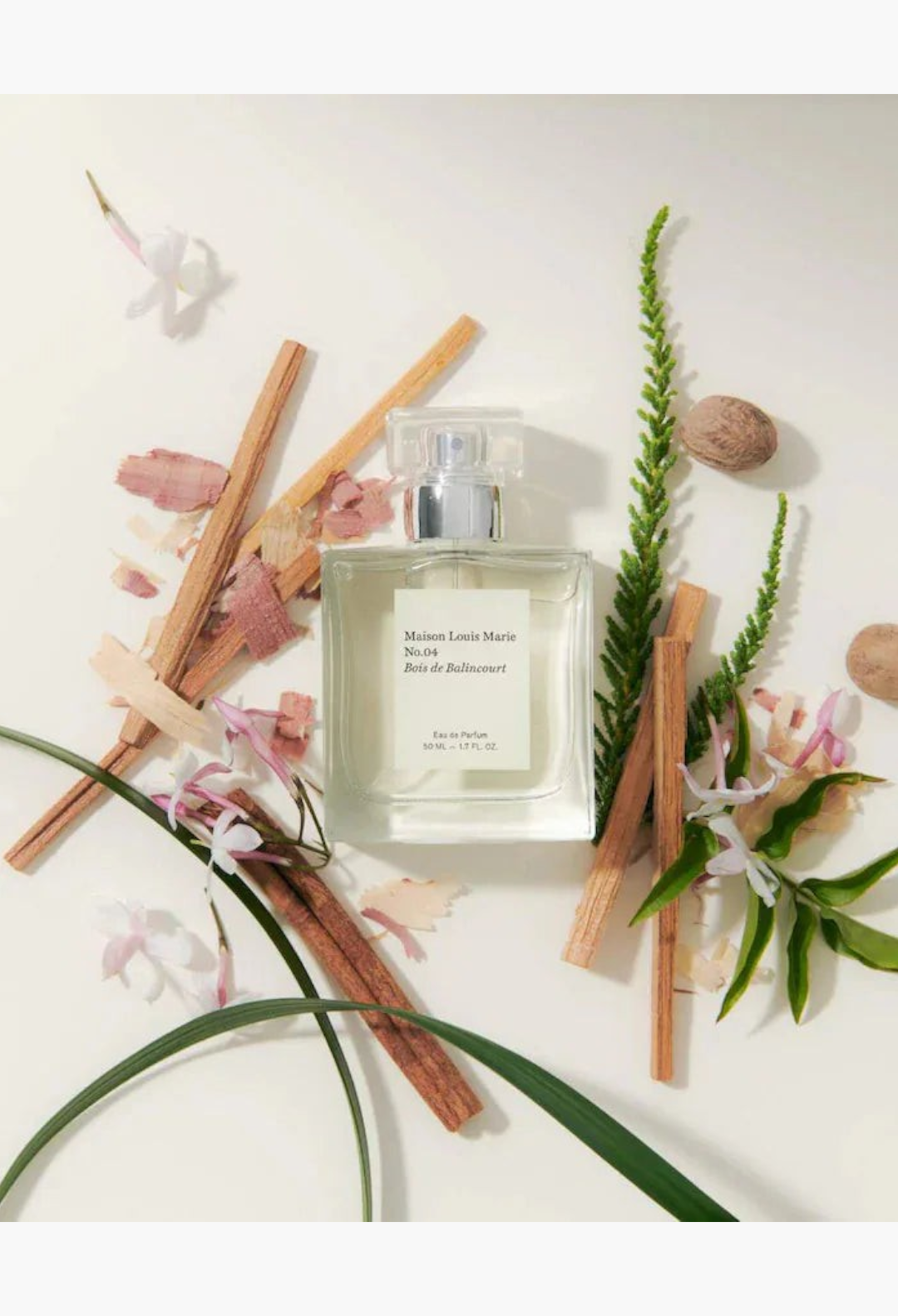 GLAM MODA perfume sampler set featuring Maison Louis Marie No.04 Bois De Balincourt surrounded by wood and florals