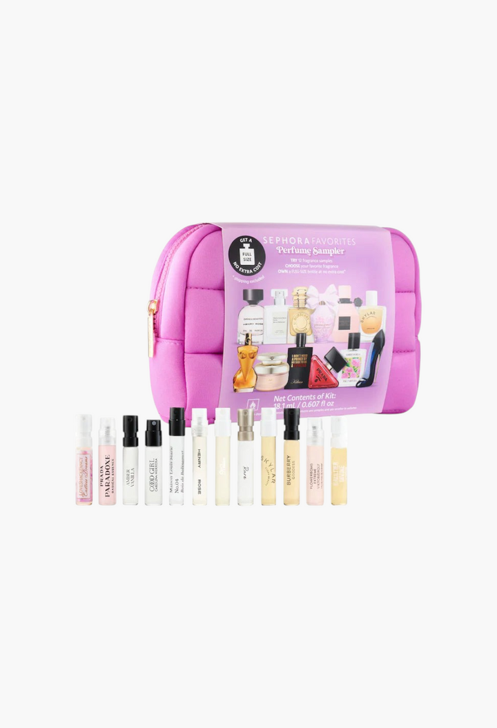 GLAM MODA perfume sampler set featuring 12 luxury fragrance vials and a pink travel pouch with a redemption voucher.