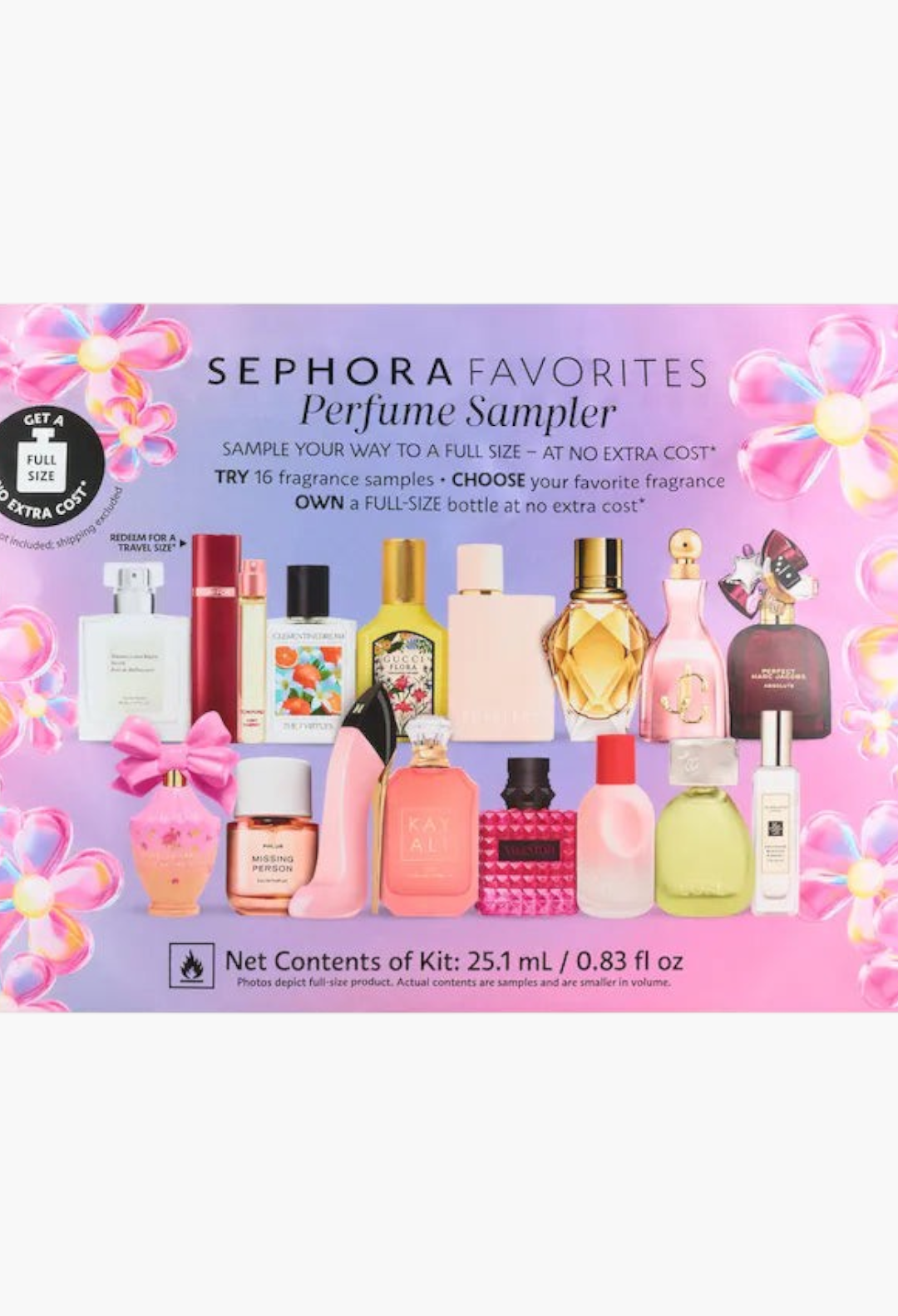 GLAM MODA perfume sampler set featuring 16 assorted luxury fragrance vials and a full-size redemption voucher.