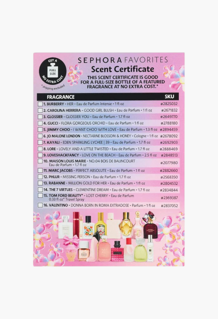 GLAM MODA Sephora Favorites perfume sampler set card featuring 16 fragrance options and a full-size scent voucher.