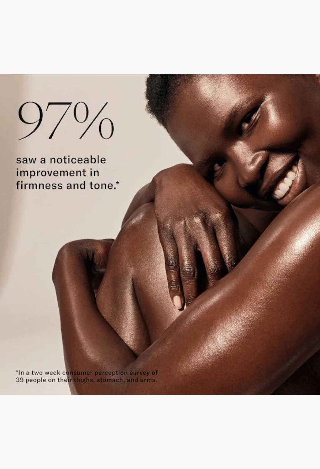 GLAM MODA skincare advertisement featuring a smiling woman with glowing, hydrated skin and text about firming results.