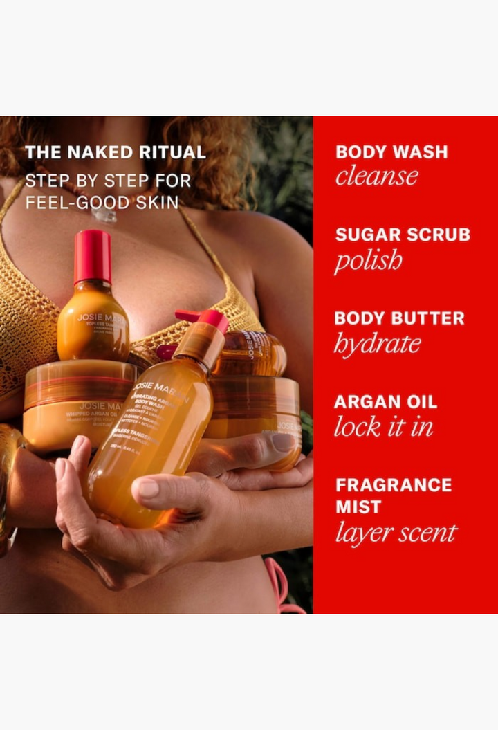 GLAM MODA skincare set featuring Josie Maran argan oil body wash, scrub, and whipped body butter for hydrated skin