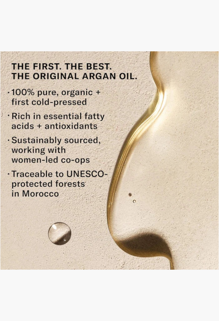 GLAM MODA argan oil product feature graphic highlighting organic cold-pressed ingredients and sustainable sourcing