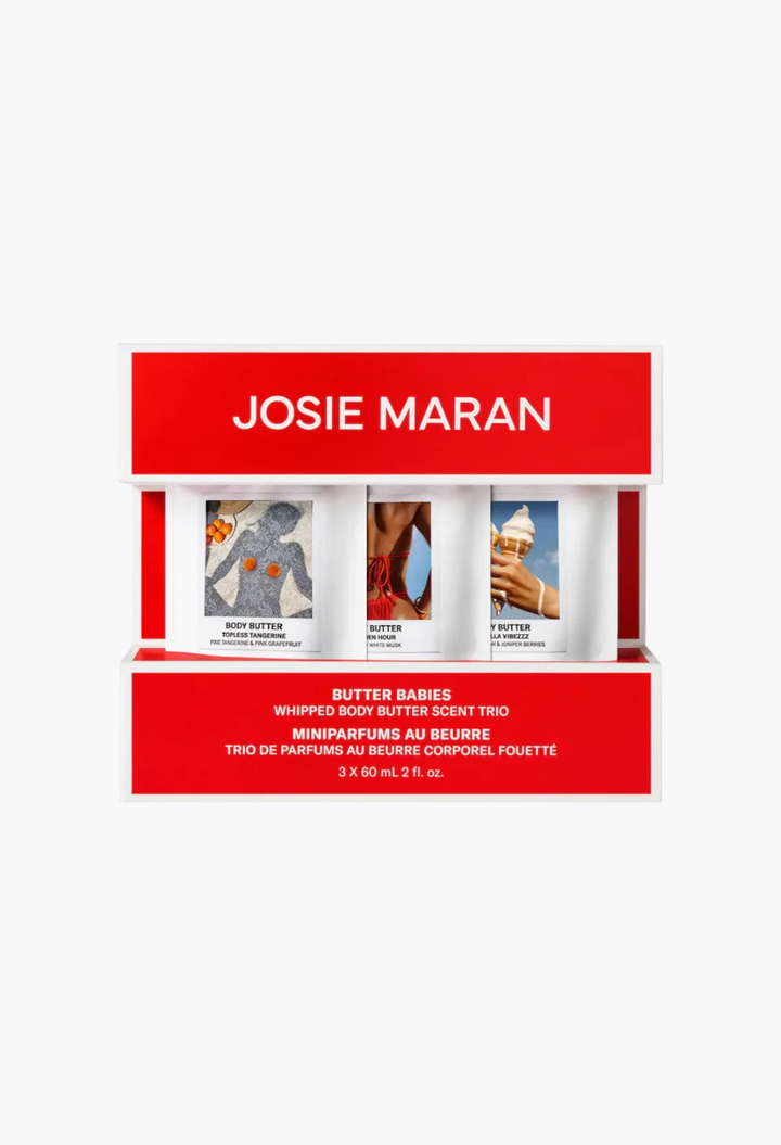 GLAM MODA Josie Maran Butter Babies whipped argan oil body butter trio set in red display packaging