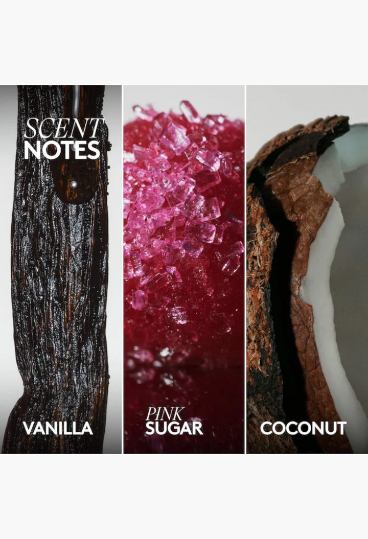 GLAM MODA Butta Drop body milk scent notes featuring vanilla bean, pink sugar crystals, and fresh coconut pieces.