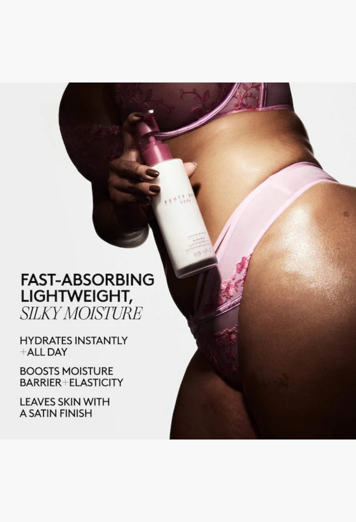 GLAM MODA Butta Drop hydrating body milk in a white pump bottle held by a person wearing pink lace lingerie.