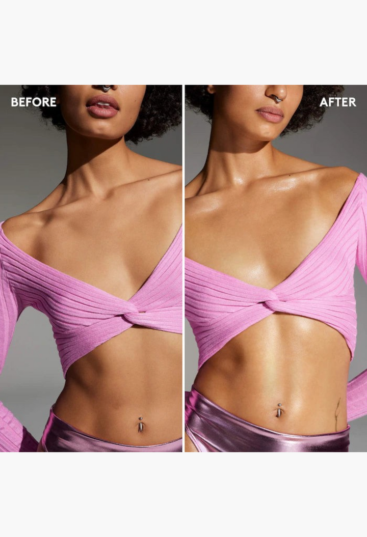 GLAM MODA Butta Drop Hydrating Body Milk showing before and after application on skin for a healthy, glowing sheen.