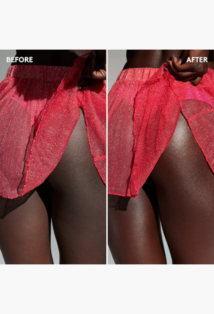 GLAM MODA Butta Drop Hydrating Body Milk showing a before and after comparison of skin hydration and sheen