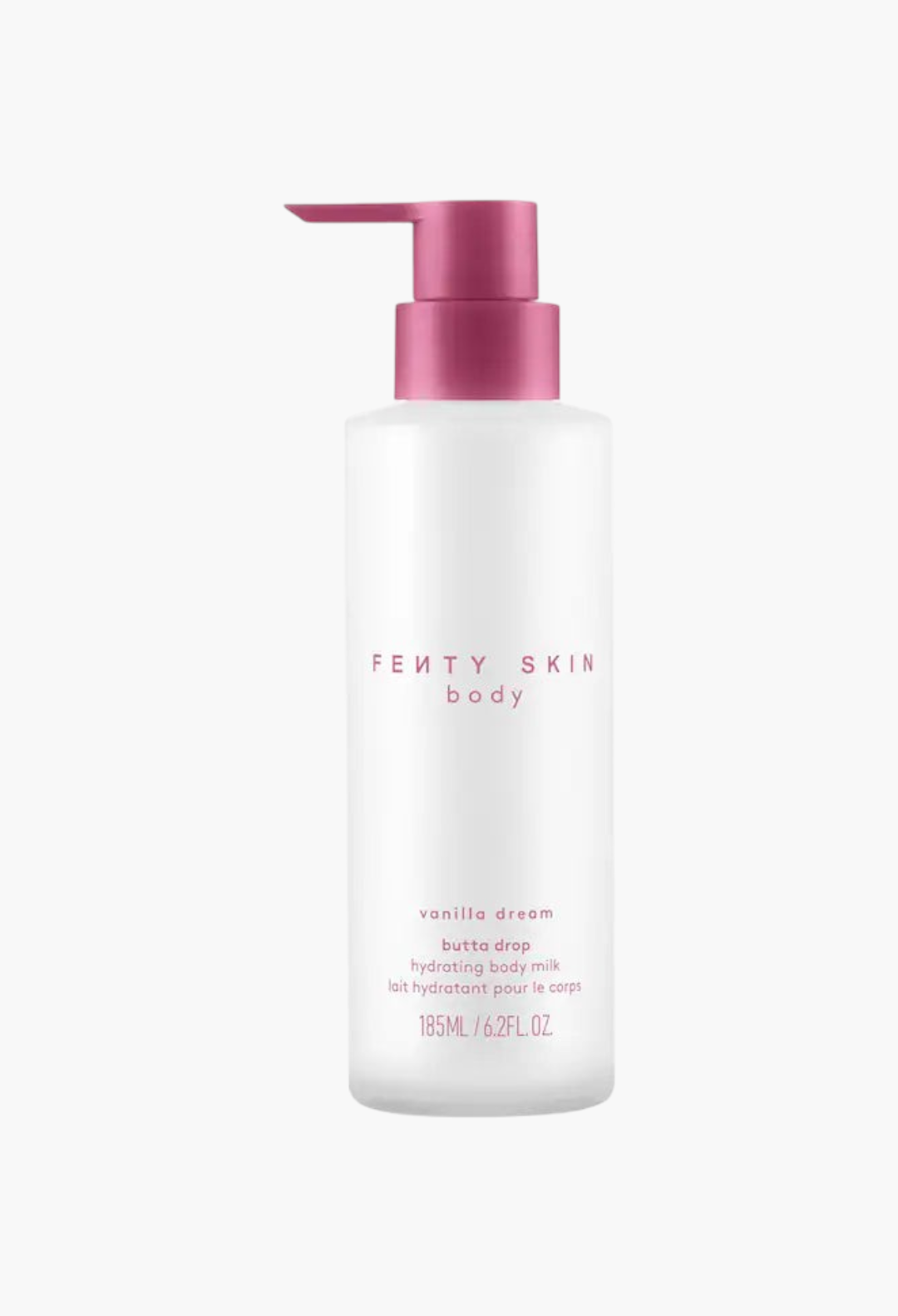 GLAM MODA Fenty Skin Butta Drop Vanilla Dream hydrating body milk in a white bottle with a pink pump dispenser.