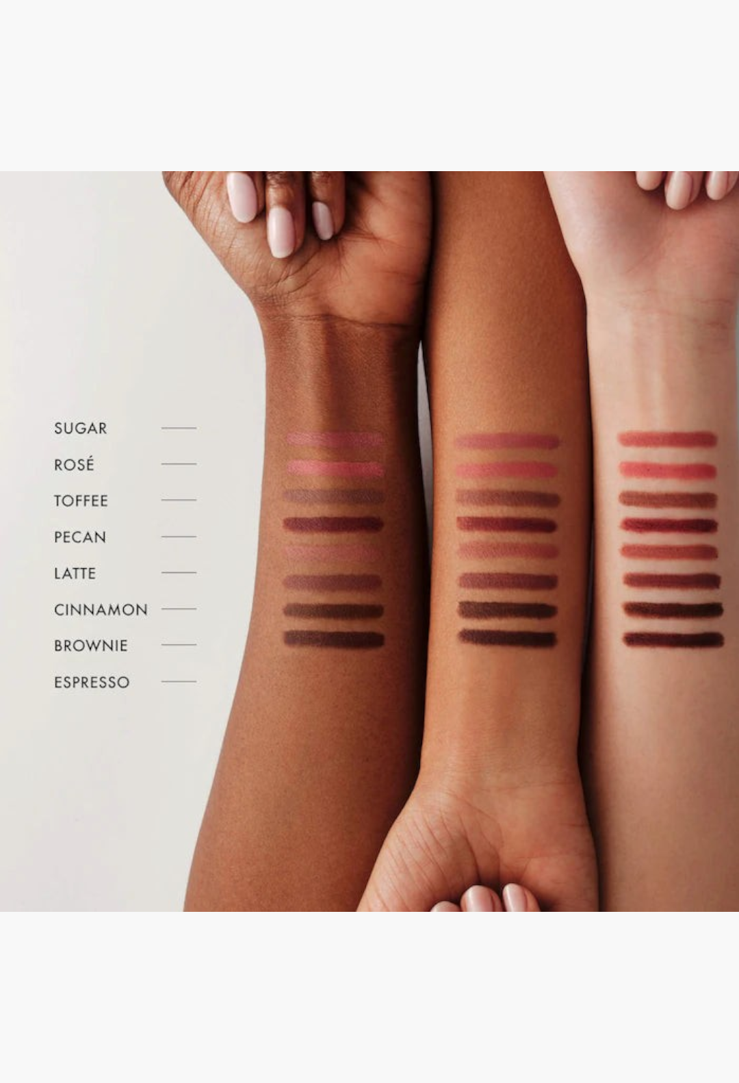 GLAM MODA SoftLine lip liner swatches in various nude and brown shades on three different skin tones