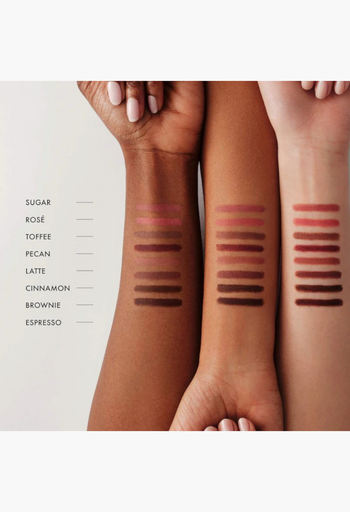 GLAM MODA SoftLine lip liner swatches in various nude and brown shades on three different skin tones