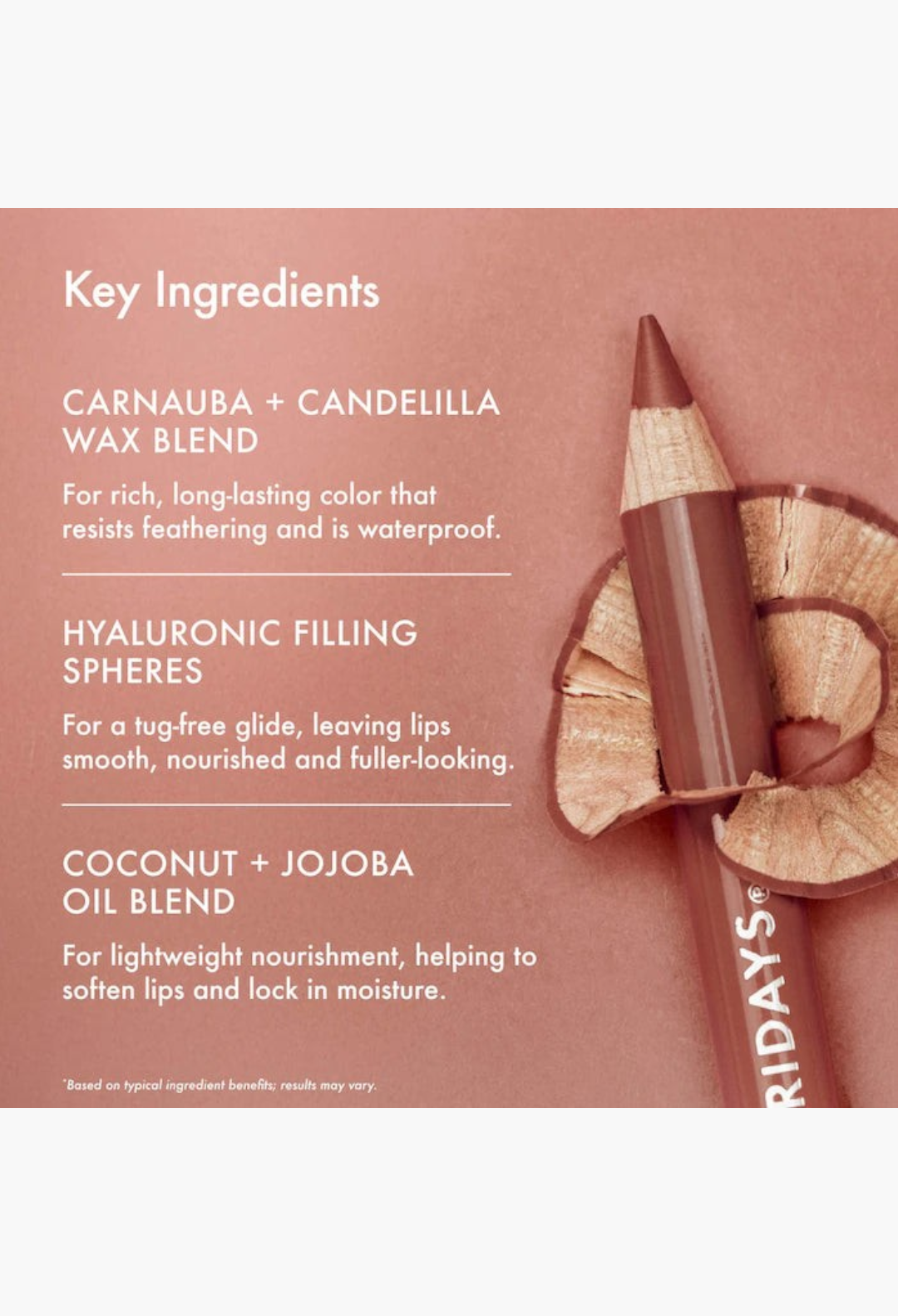 GLAM MODA SoftLine creamy sculpting lip pencil with key ingredient benefits listed on a warm terracotta background.