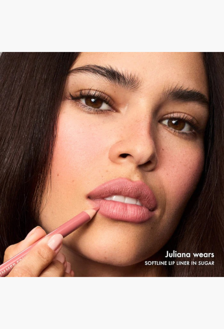 GLAM MODA SoftLine creamy lip liner in Sugar shade being applied to model lips for a defined and sculpted look