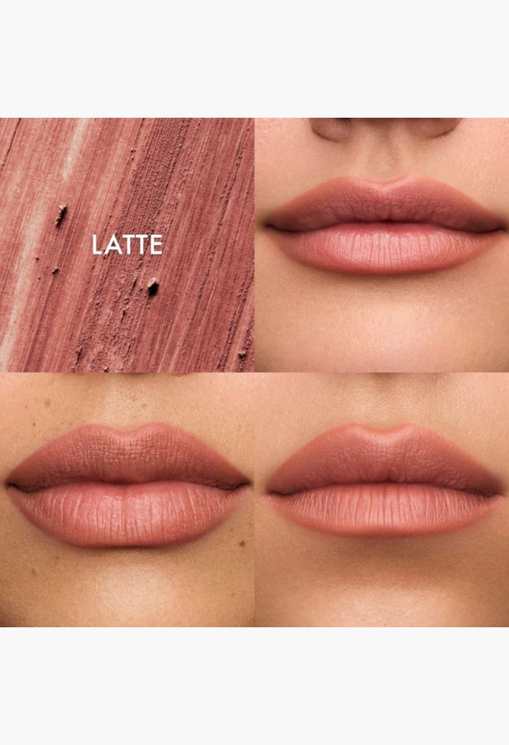 GLAM MODA SoftLine creamy lip liner in Latte shade, showing swatch texture and application on lips for a sculpted look