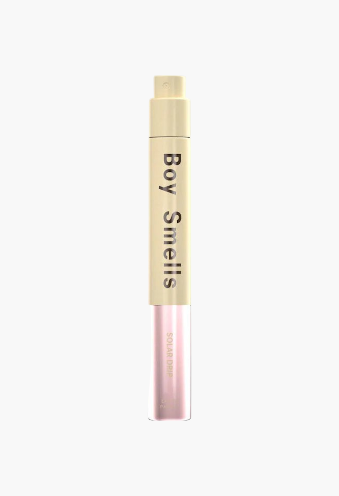GLAM MODA Solar Drip perfume travel spray with a pale yellow cap and a light pink glass base.