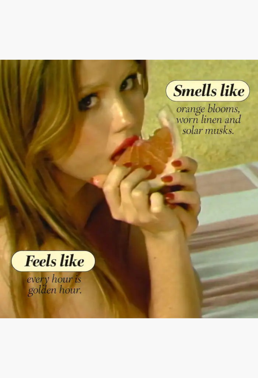 GLAM MODA Solar Drip perfume campaign featuring a woman eating a fresh pomelo slice with golden hour lighting