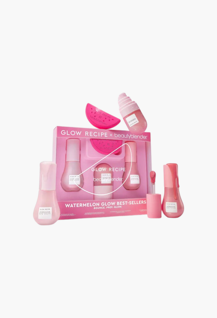 GLAM MODA Glow Recipe x Beautyblender Watermelon Glow prep set with serums, mist, and a watermelon-shaped sponge.