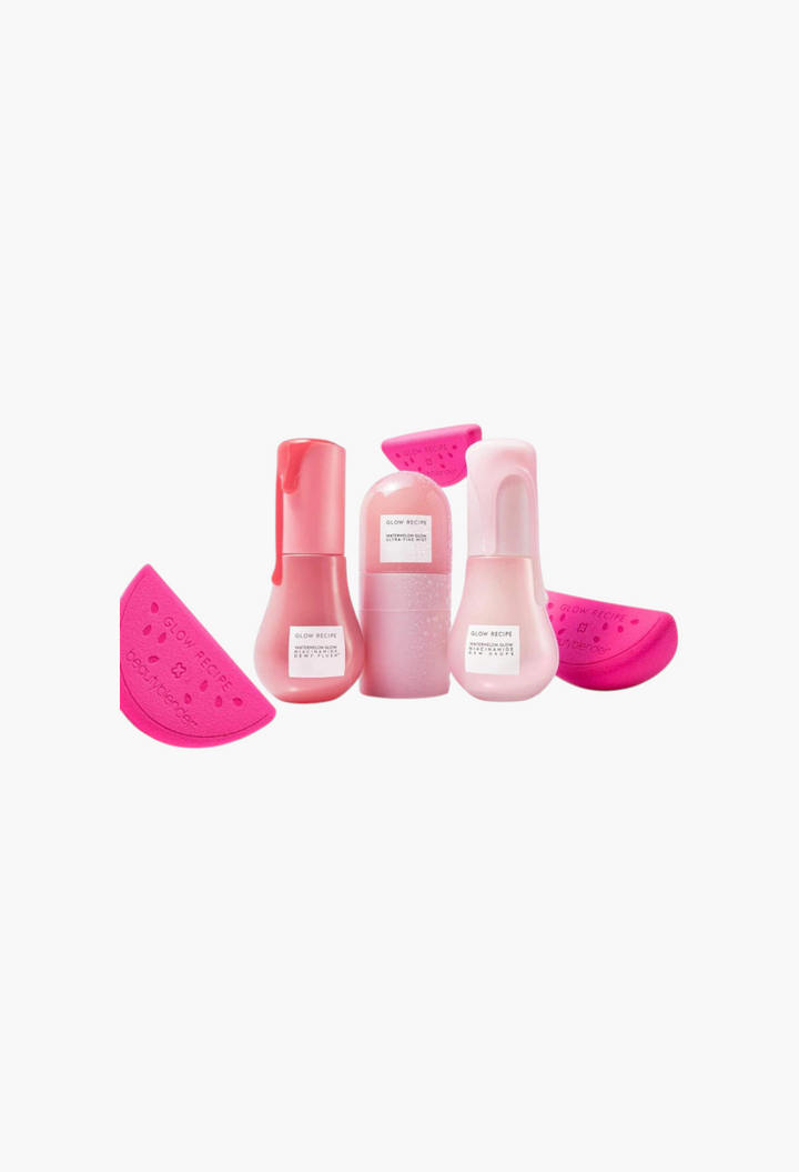 GLAM MODA Glow Recipe and Beautyblender watermelon skincare set featuring serums, mist, and pink makeup sponges.