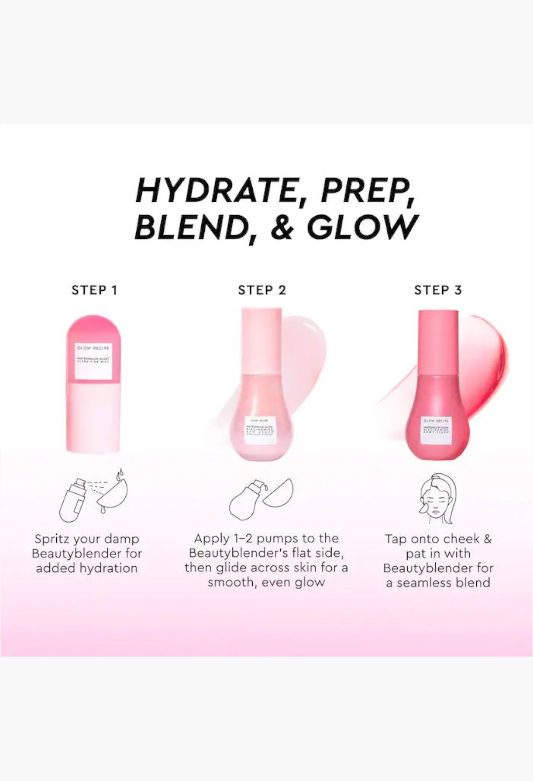 GLAM MODA Glow Recipe skincare set instructions showing watermelon mist, dew drops, and dewy flush application steps.
