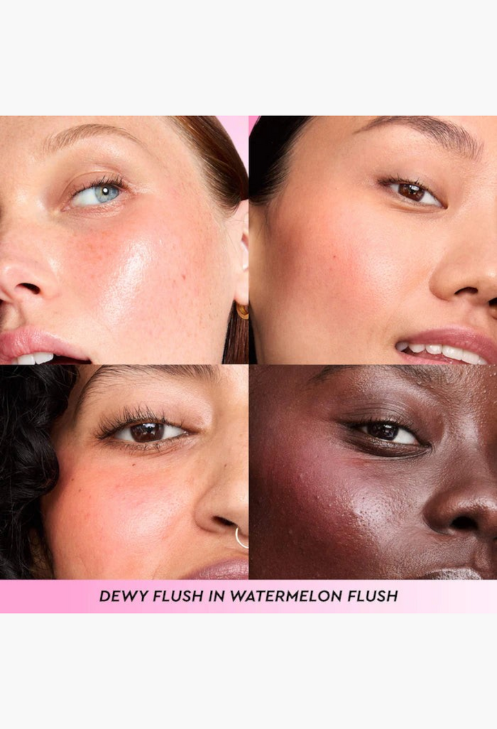 GLAM MODA models showing dewy, glowing skin results from the Watermelon Glow Dewy Flush on diverse skin tones.