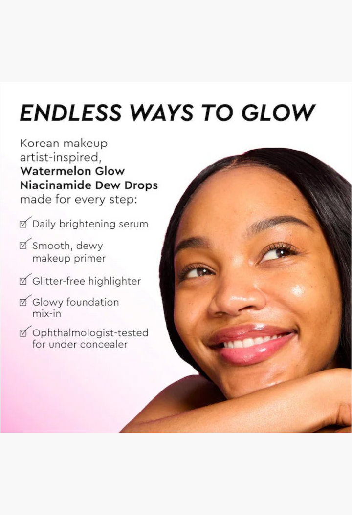 GLAM MODA Glow Recipe Watermelon Glow Niacinamide Dew Drops on a smiling woman with radiant, dewy skin