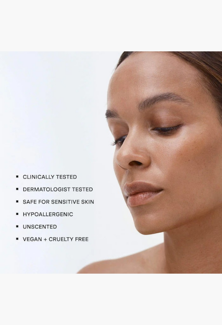 GLAM MODA resurfacing face serum model with glowing skin and text highlighting clinical and safety benefits.