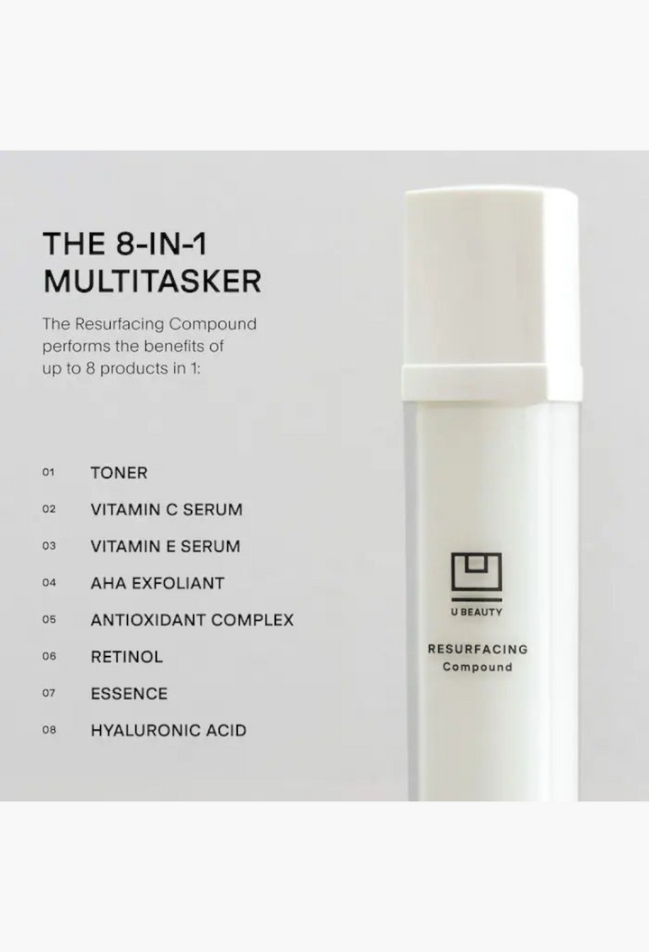 GLAM MODA U Beauty Resurfacing Compound serum bottle with 8-in-1 multitasking skincare benefits listed on white background