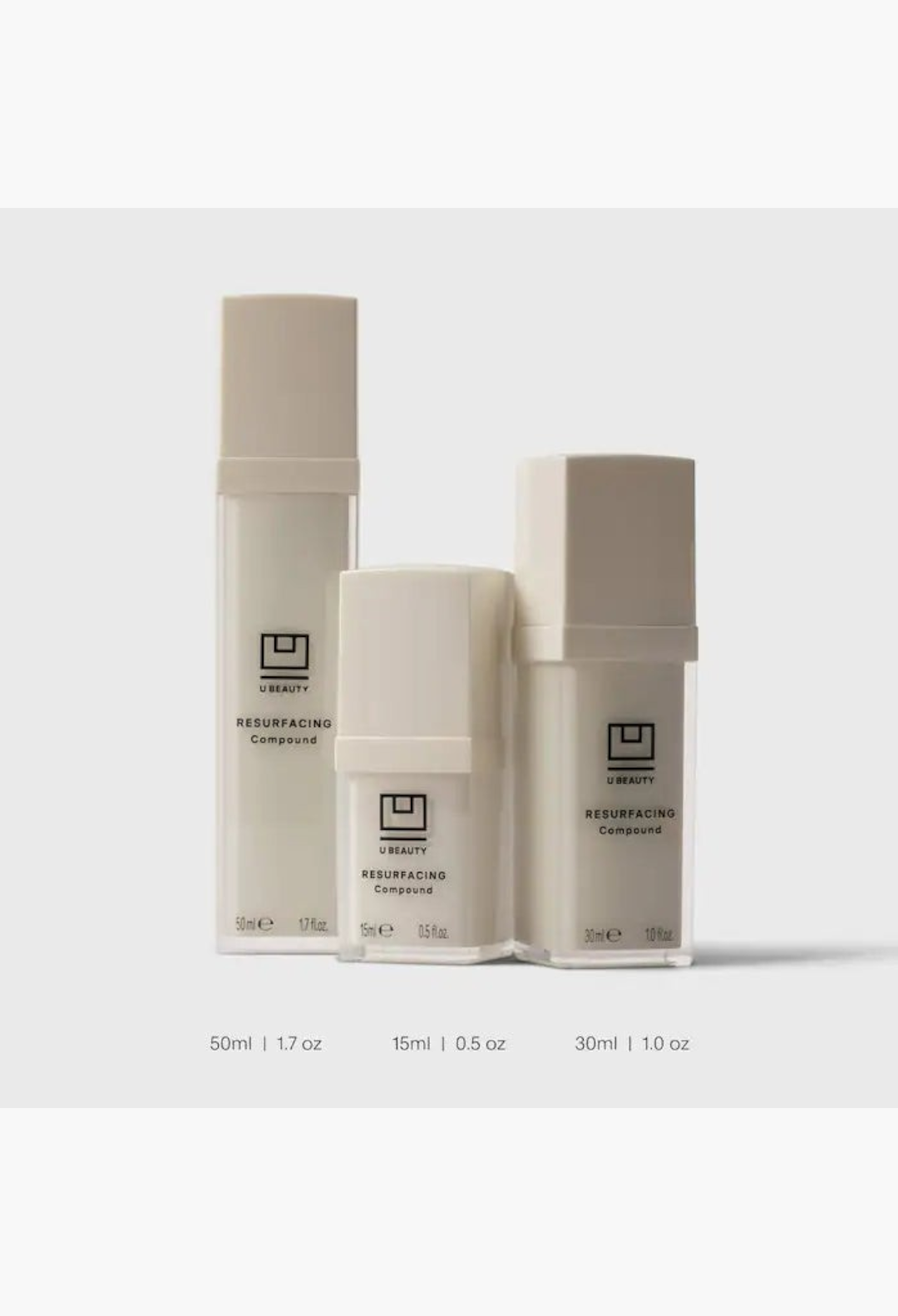 GLAM MODA U Beauty Resurfacing Compound face serum bottles in three different sizes against a plain background