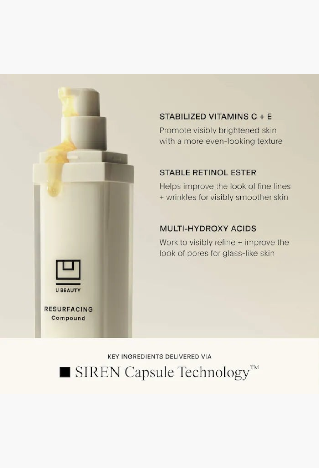 GLAM MODA U Beauty Resurfacing Compound serum bottle with pump, highlighting retinol, vitamin C, and acid ingredients.