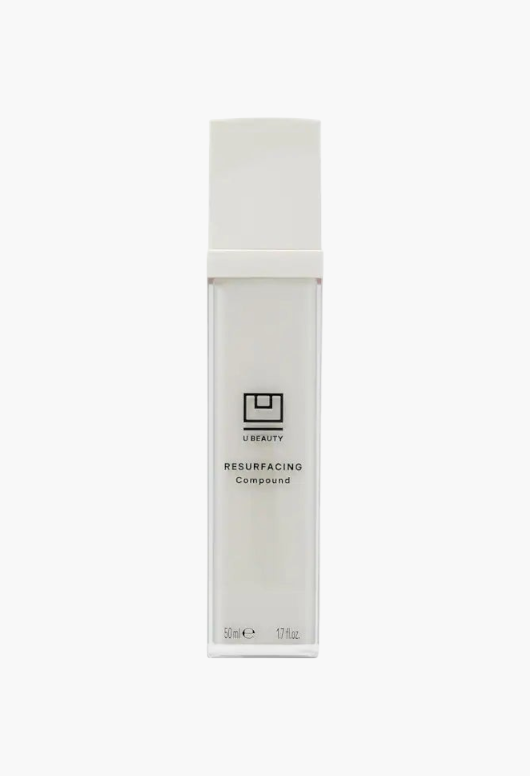 GLAM MODA U Beauty Resurfacing Compound face serum in a tall white pump bottle for anti-aging and skin brightening.