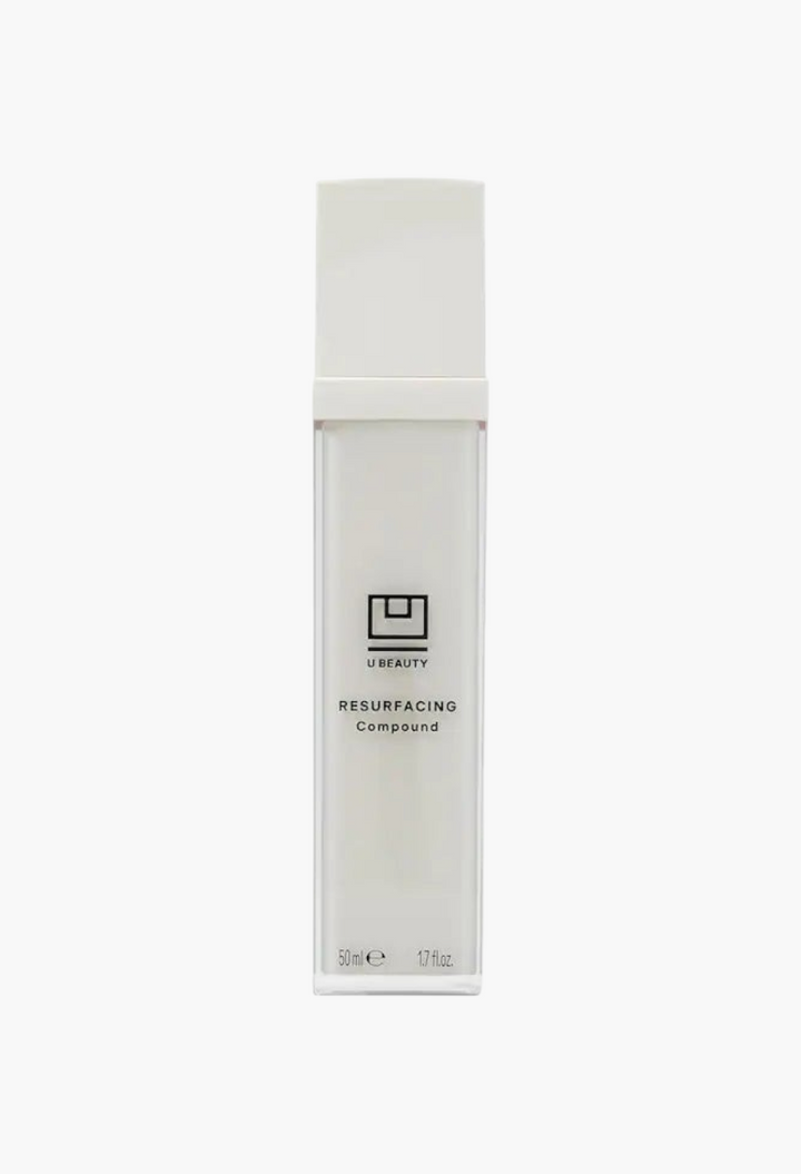 GLAM MODA U Beauty Resurfacing Compound face serum in a tall white pump bottle for anti-aging and skin brightening.