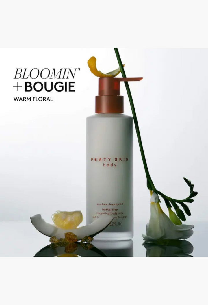 GLAM MODA Fenty Skin Butta Drop hydrating body milk in a pump bottle with coconut and floral accents.