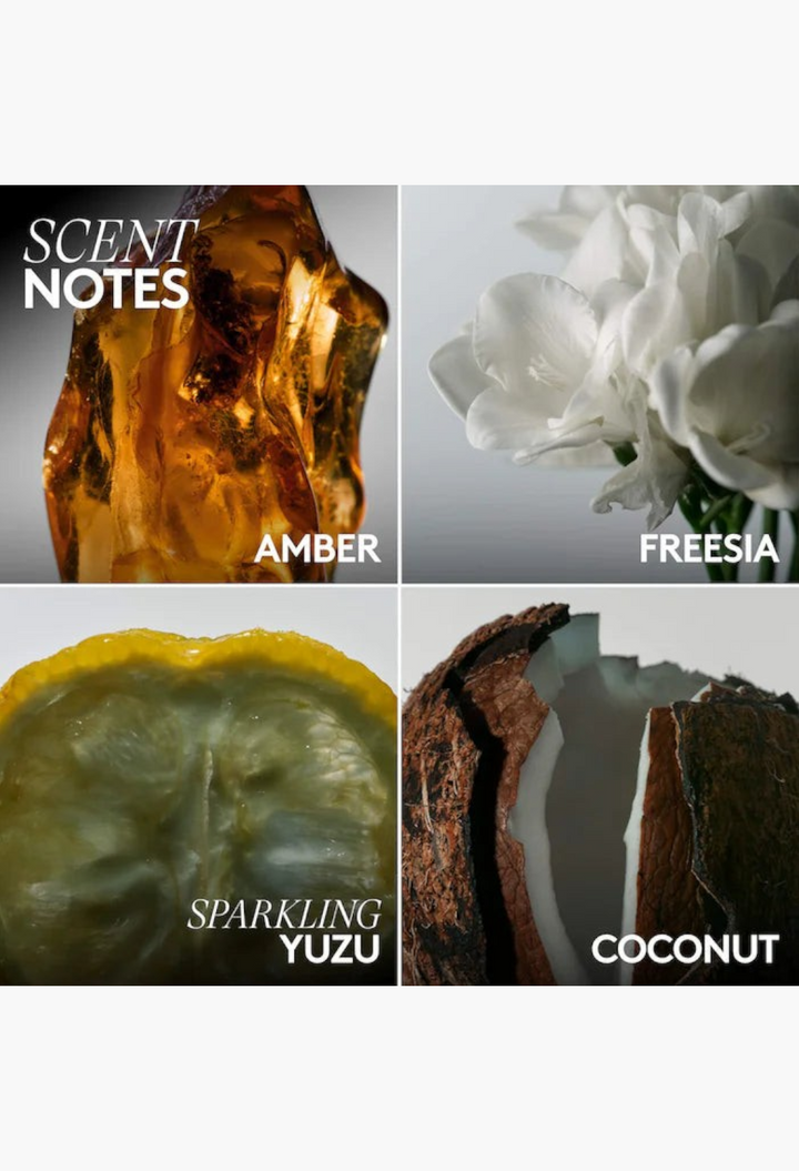 GLAM MODA Butta Drop body milk scent notes featuring amber, white freesia, sparkling yuzu, and coconut ingredients.
