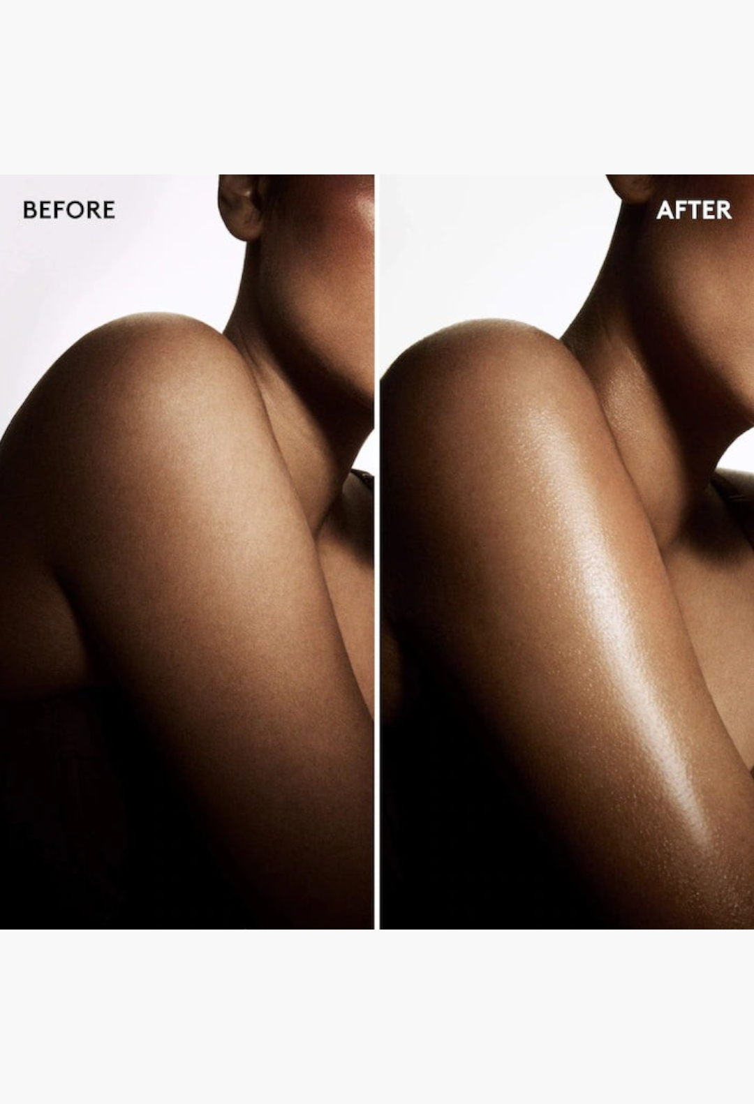 GLAM MODA Butta Drop Hydrating Body Milk before and after application showing glowing, moisturized skin on shoulder.