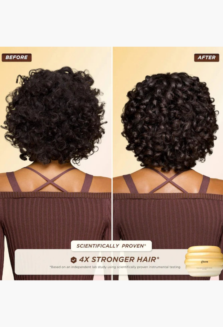 GLAM MODA before and after comparison of curly hair showing improved strength and shine using honey hair products