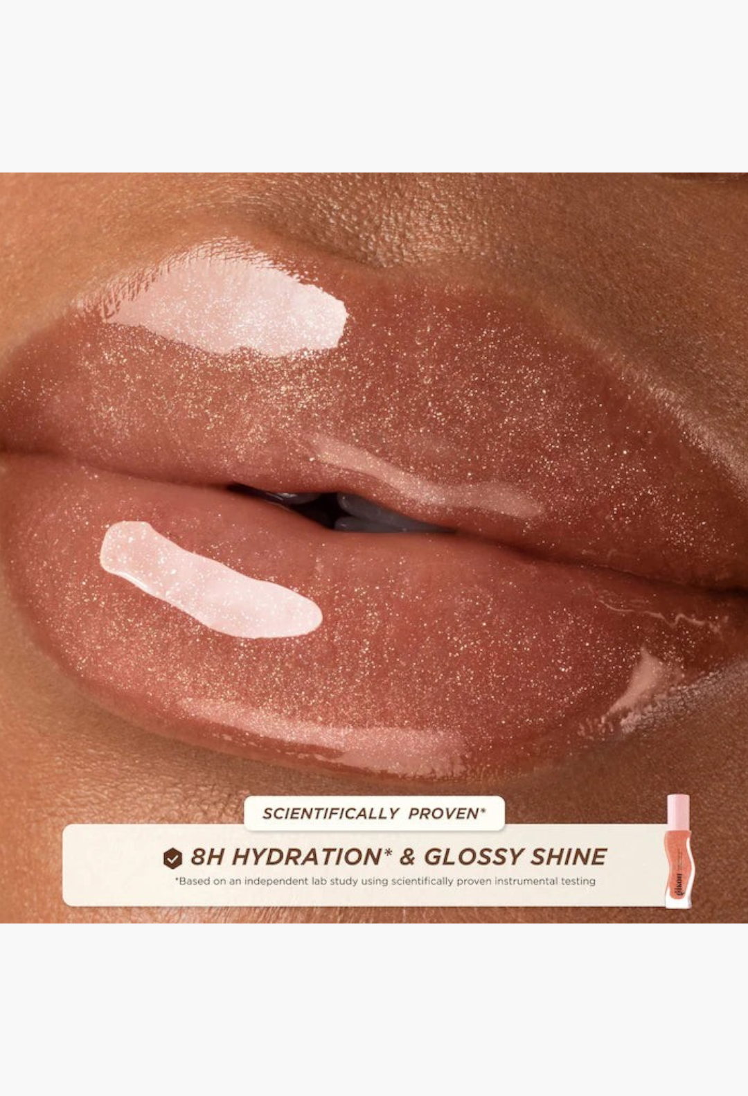 GLAM MODA Honey Infused Lip Oil in Watermelon Sugar applied to lips for a high-shine, shimmery, and hydrated finish.