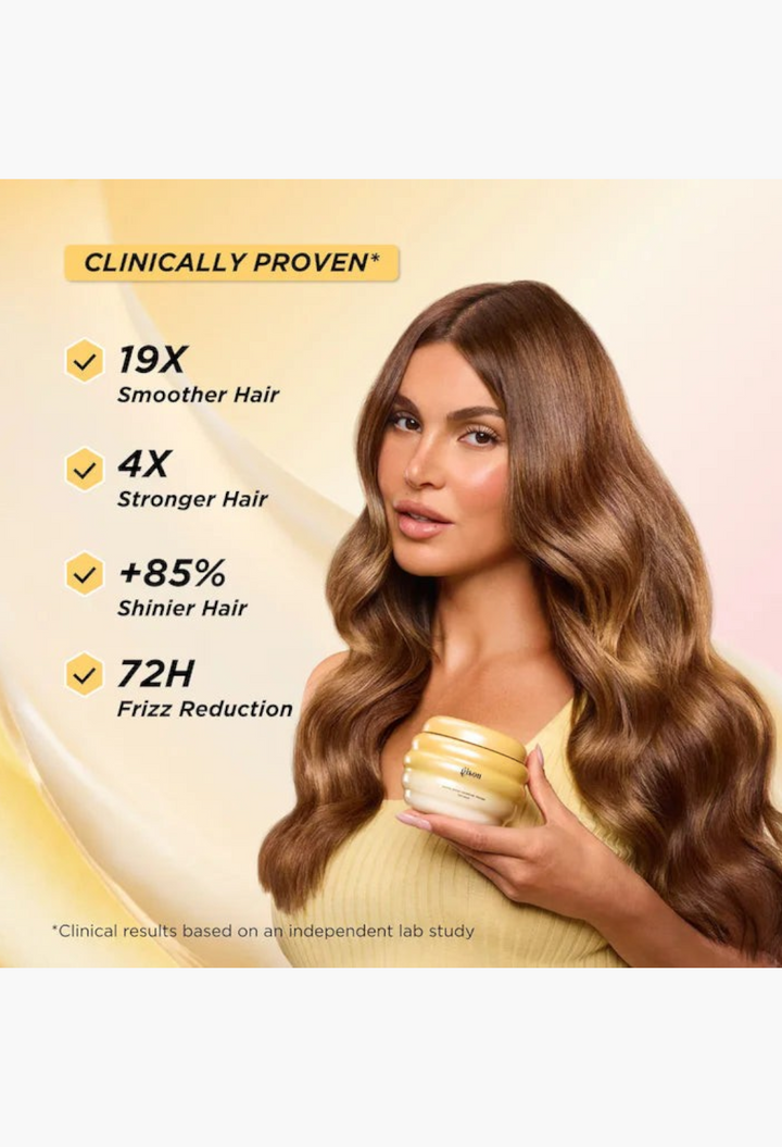GLAM MODA model holding a Gisou Honey Gloss hair mask with text overlay highlighting clinical hair care results.