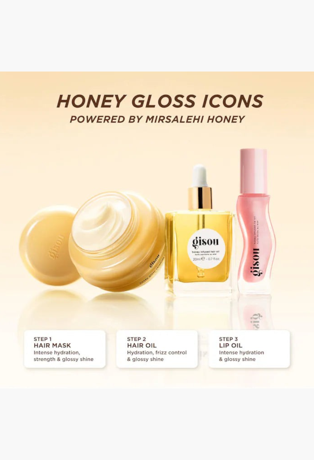 GLAM MODA Gisou Honey Glow Icons set featuring a hair mask jar, hair oil dropper bottle, and watermelon lip oil.