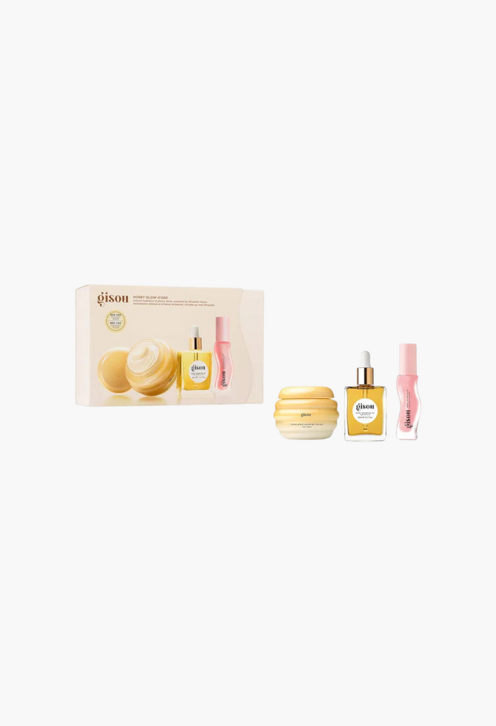GLAM MODA Gisou Honey Glow Icons set featuring a hair mask, hair oil, and watermelon sugar lip oil.