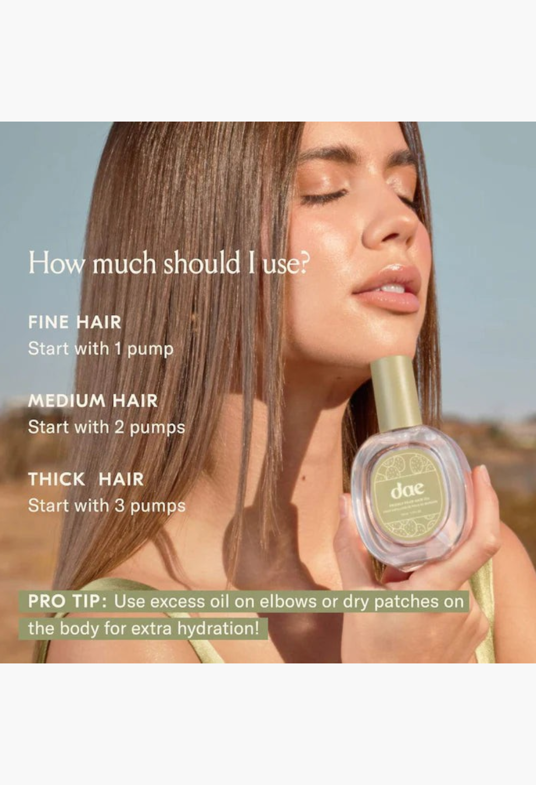GLAM MODA model holding a bottle of Dae Prickly Pear Hair Oil with text instructions for hair application amounts.