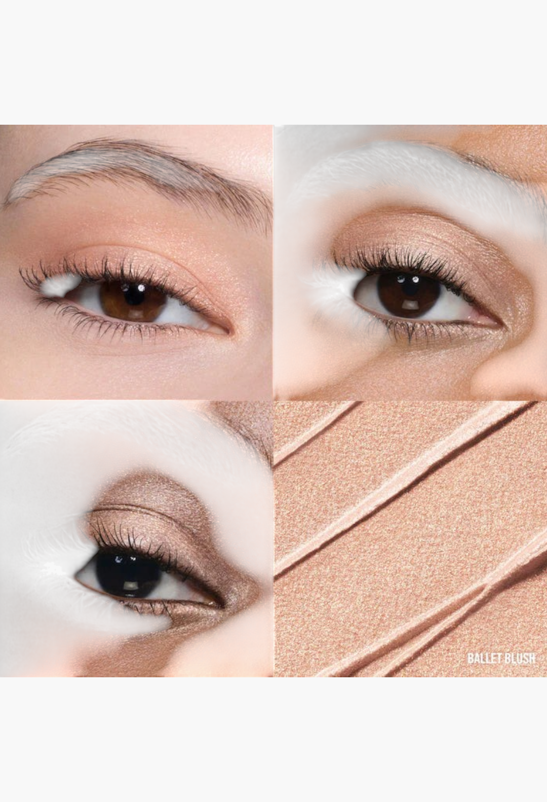 GLAM MODA cream eyeshadow in Ballet Blush shade applied on different skin tones with a soft shimmer finish.