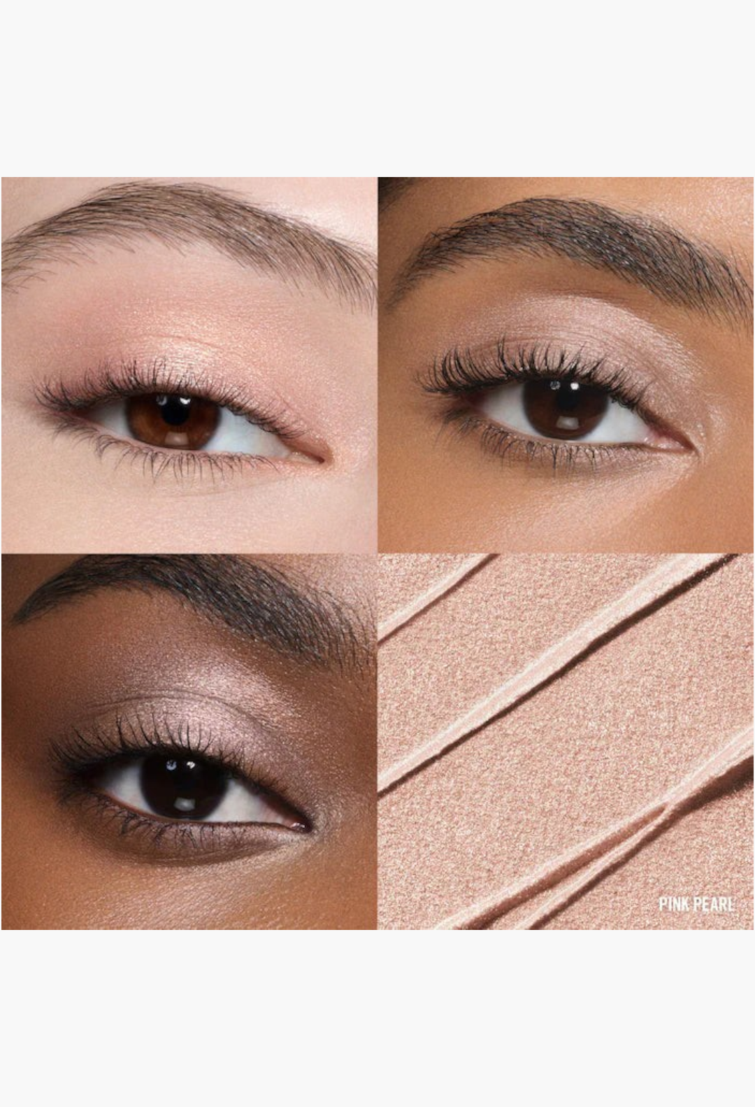 GLAM MODA long-wear cream eyeshadow in pink pearl shade shown on diverse eyelids and as a smooth product swatch.