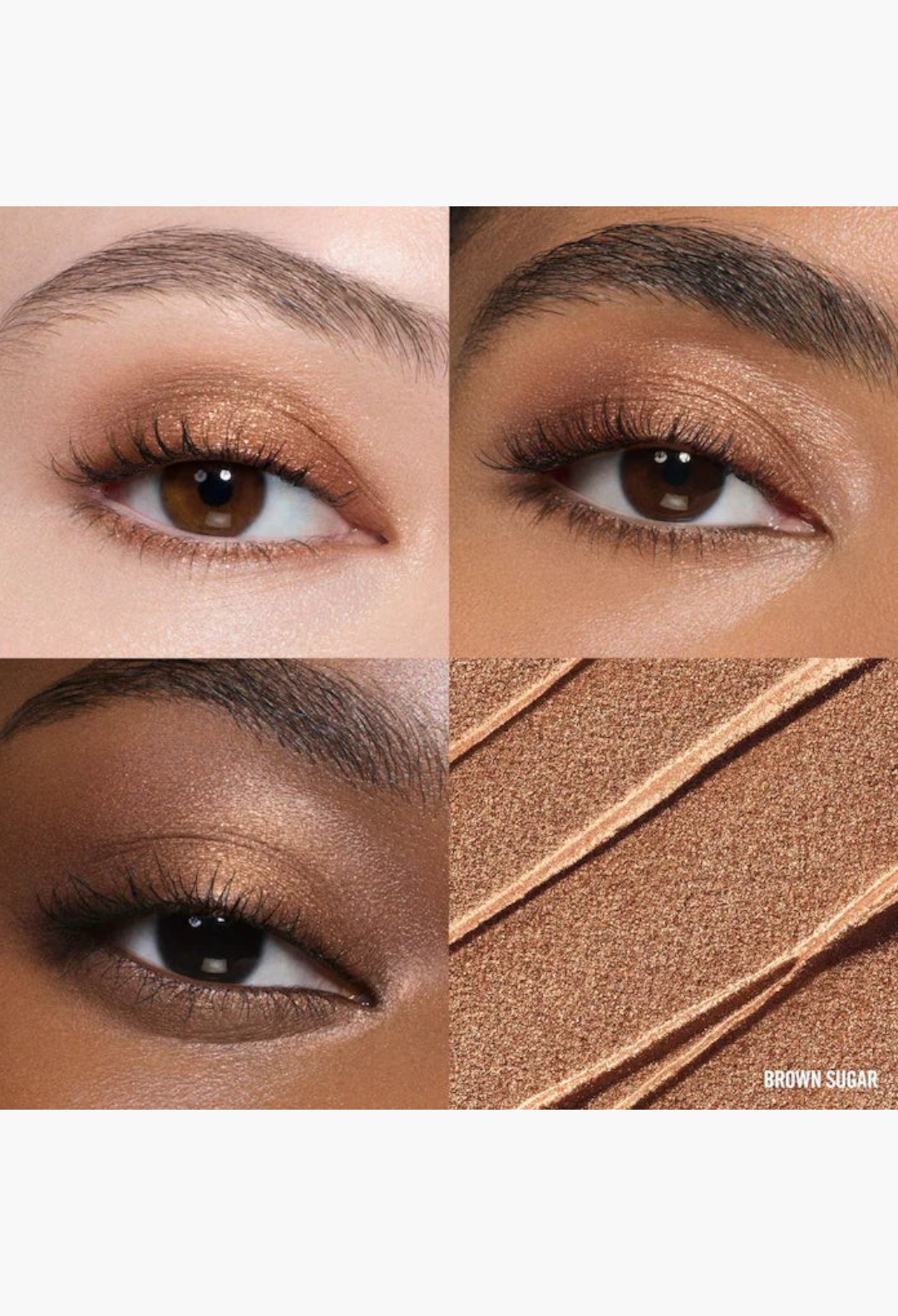 GLAM MODA long-wear cream eyeshadow in Brown Sugar, showing shimmer finish on eyelids and a product swatch.